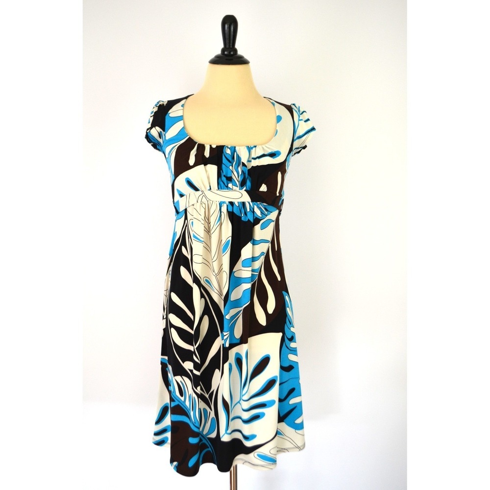 BISOU BISOU Palm Leaf DRESS 4 S Teal Black Empire Babydoll Tropical Y2K Beach